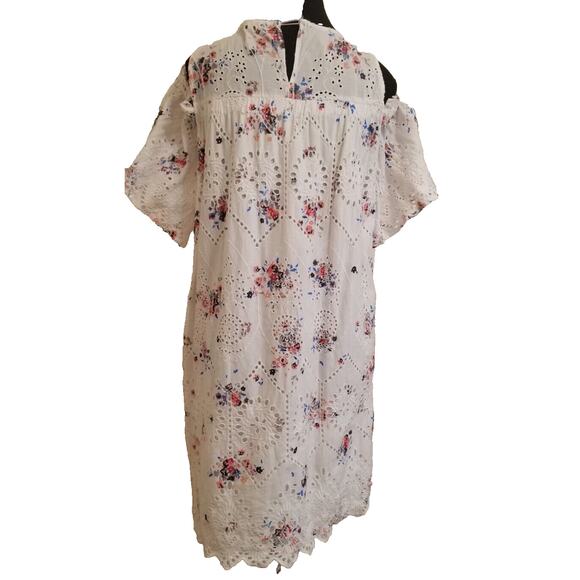 LOFT BOHO Peasant White Floral Eyelet Embroidered Cold Shoulder Mini Dress Sz S - Picture 4 of 8
